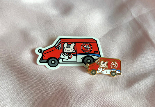 Postal Truck Bunny Gold Enamel Pin & Vinyl Sticker & Keychain