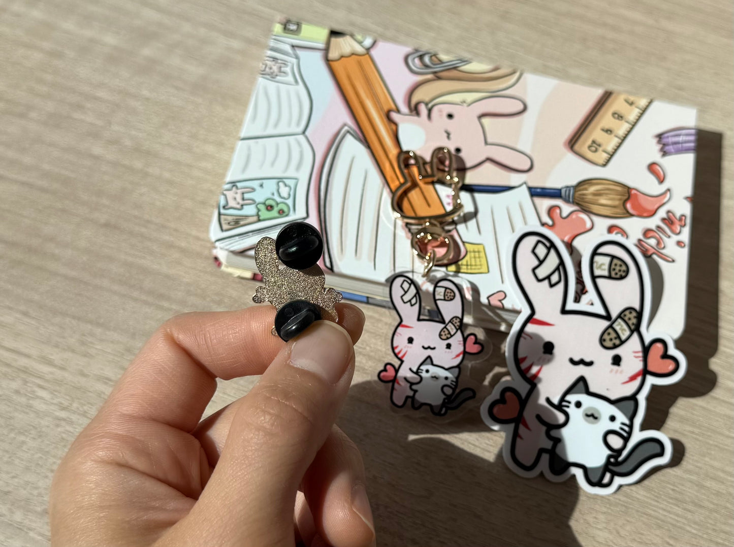 Cat Lover Bunny Gold Enamel Pin & Vinyl Sticker & Keychain