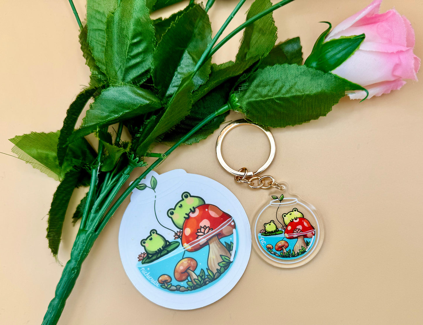 Froggy Mushroom Vinyl Sticker & Keychain (Transparent)