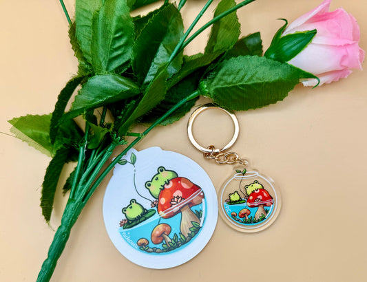 Froggy Mushroom Vinyl Sticker & Keychain (Transparent)