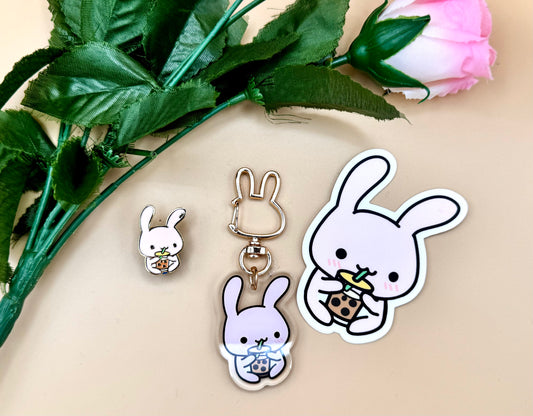 Bunny BBT Gold Hard Enamel Pin & Vinyl Sticker & Keychain | Boba Bubble Tea