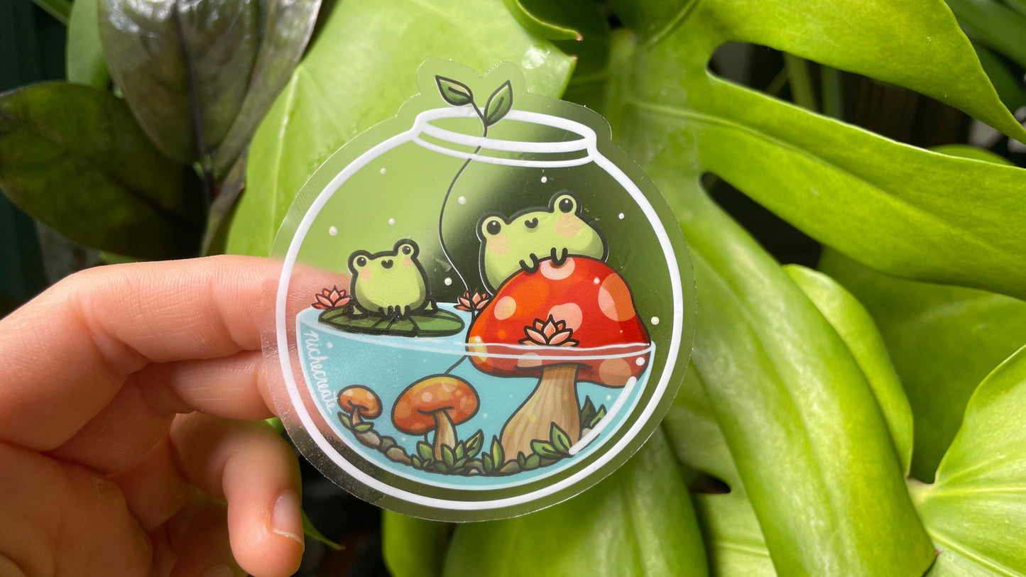 Froggy Mushroom Vinyl Sticker & Keychain (Transparent)