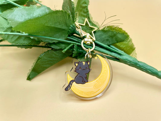 Black Cat on Moon Keychain