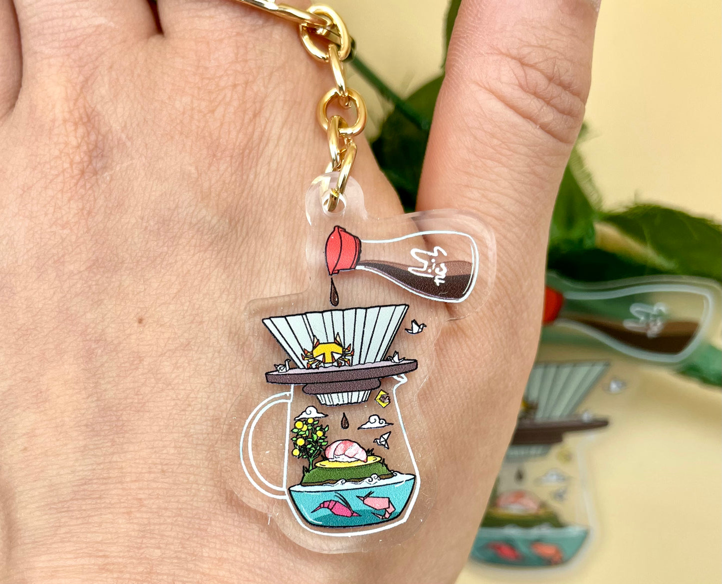 Origami Sushi Coffee Vinyl Stickers & Keychains (Transparent) | Matte Green