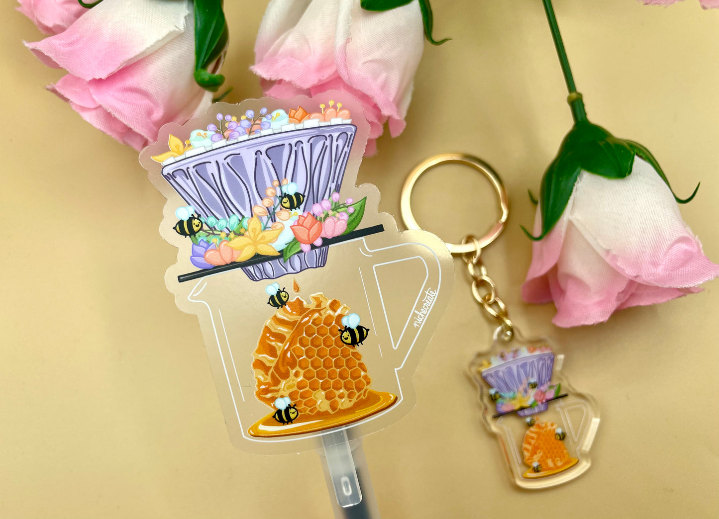Honeycomb Bees Coffee Vinyl Sticker & Keychain