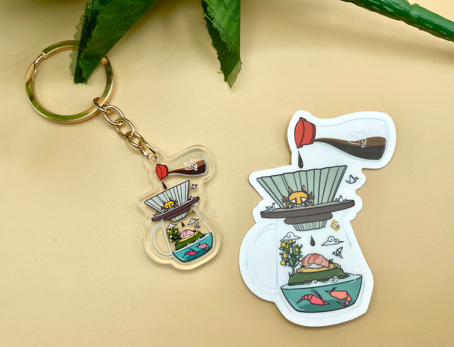 Origami Sushi Coffee Vinyl Stickers & Keychains (Transparent) | Matte Green