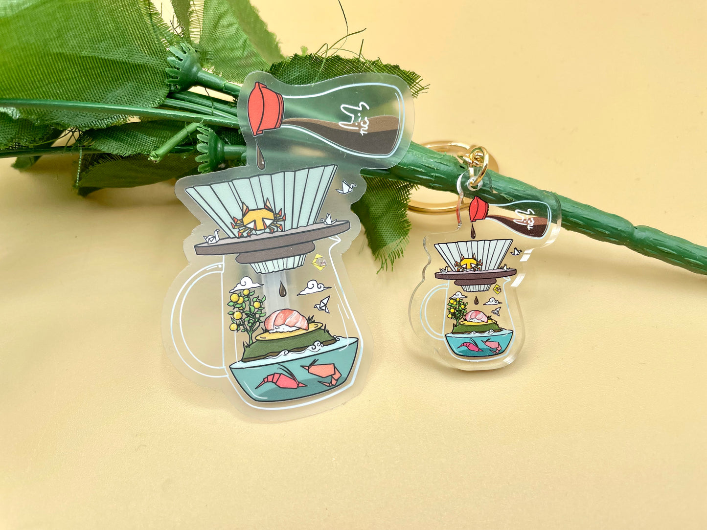 Origami Sushi Coffee Vinyl Stickers & Keychains (Transparent) | Matte Green