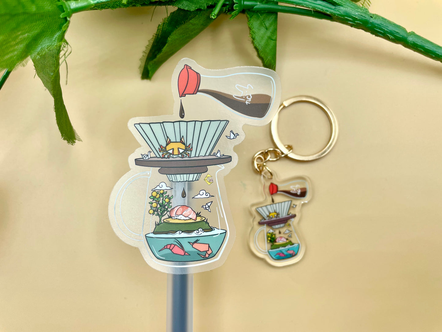 Origami Sushi Coffee Vinyl Stickers & Keychains (Transparent) | Matte Green
