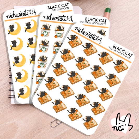 Fall Black Cat Planner Sticker Sheets (Pumpkin Spice Latte, Pumk'n Snack, Crescent Moon)