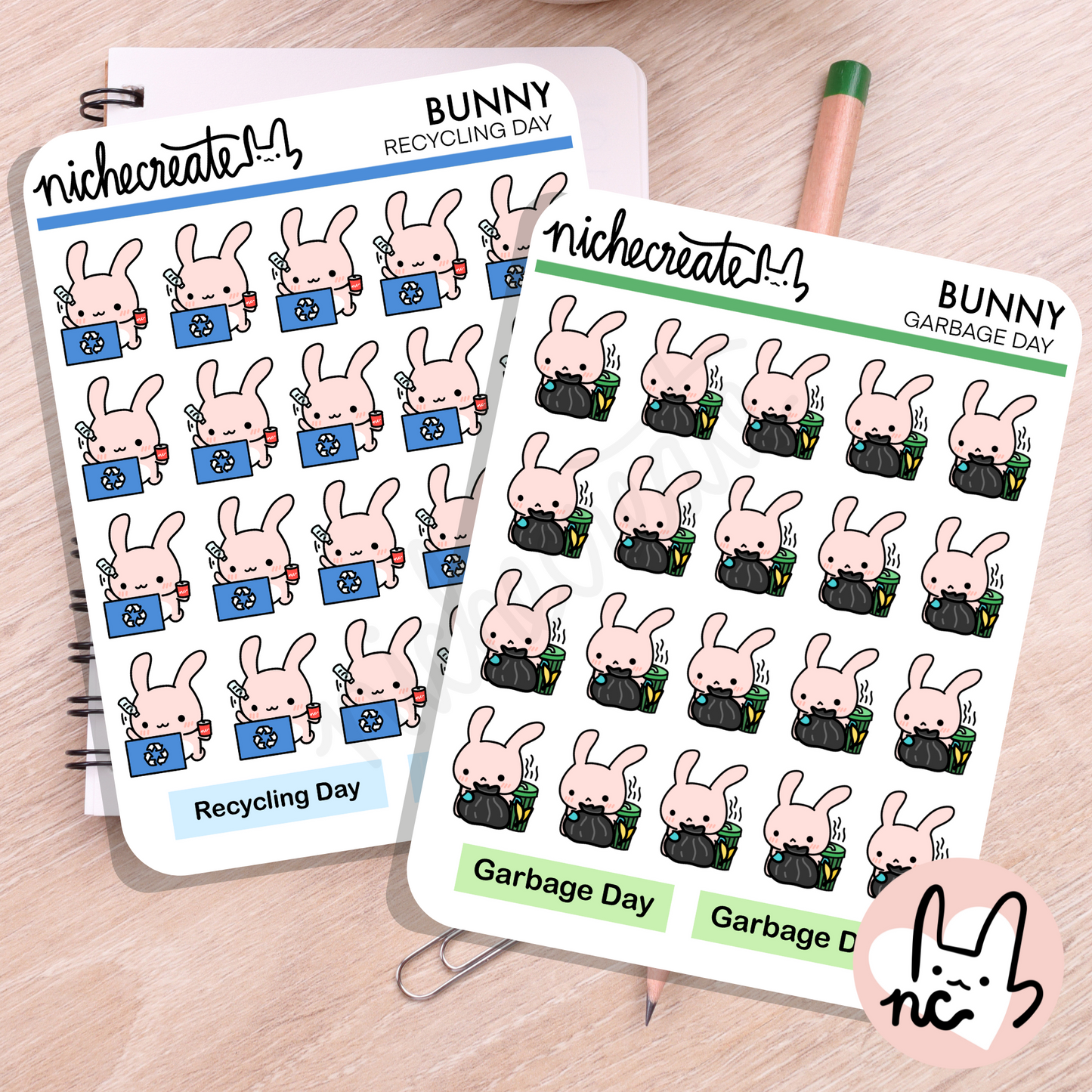Bunny Garbage and Recycling Day Planner Sticker Sheets