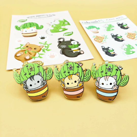 Catctus Gold Hard Enamel Pins (from Four Cats + Plants) | Grey, Orange, White