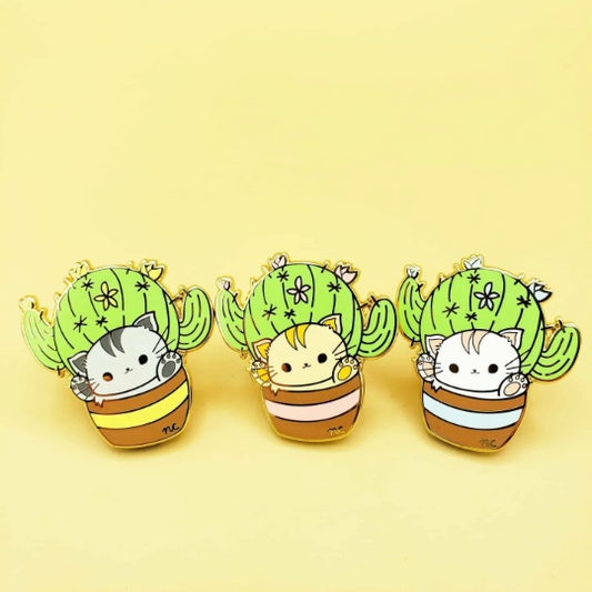 Catctus Gold Hard Enamel Pins (from Four Cats + Plants) | Grey, Orange, White