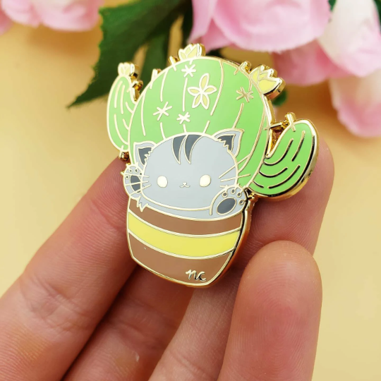 Catctus Gold Hard Enamel Pins (from Four Cats + Plants) | Grey, Orange, White