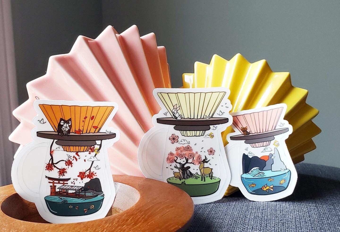 Origami Coffee Vinyl Stickers (Transparent) | Red/Pink/Yellow/Orange/Blue