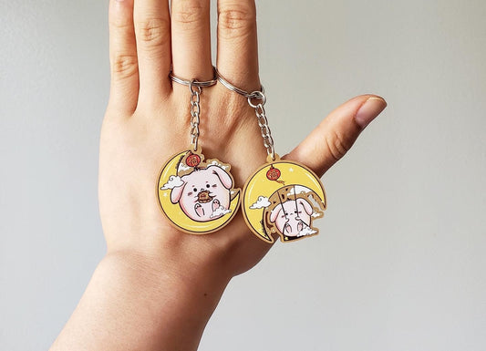 Metallic Gold Bunny Moon Keychain Charms | Mid-Autumn Festival Mooncake