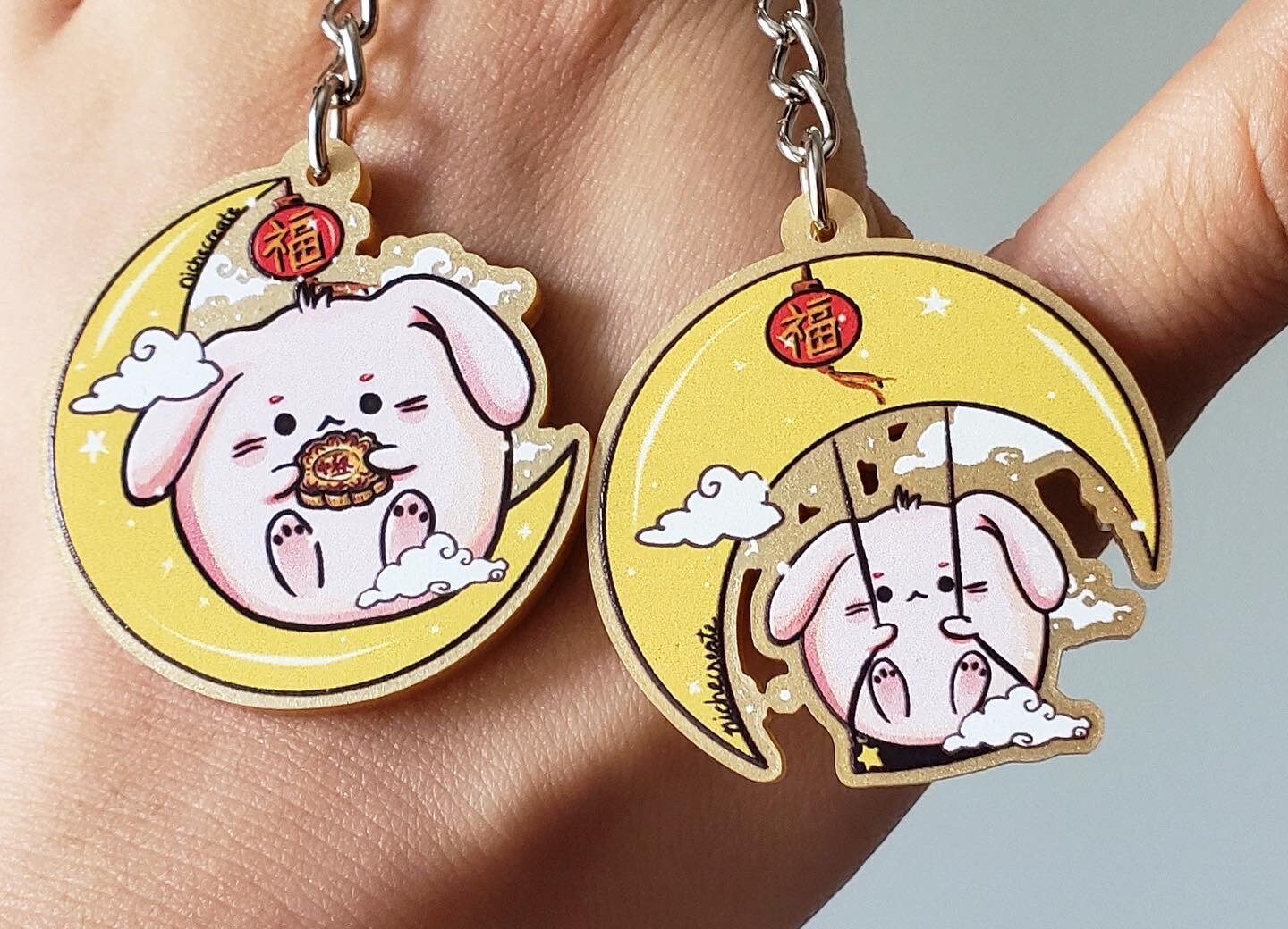 Metallic Gold Bunny Moon Keychain Charms | Mid-Autumn Festival Mooncake