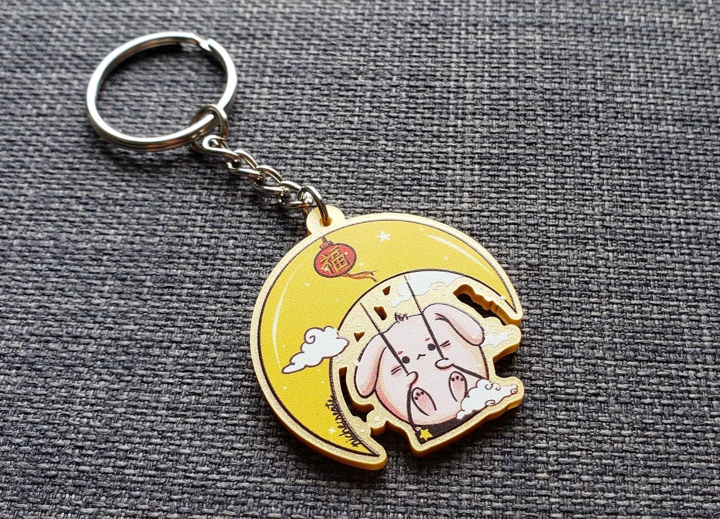 Metallic Gold Bunny Moon Keychain Charms | Mid-Autumn Festival Mooncake