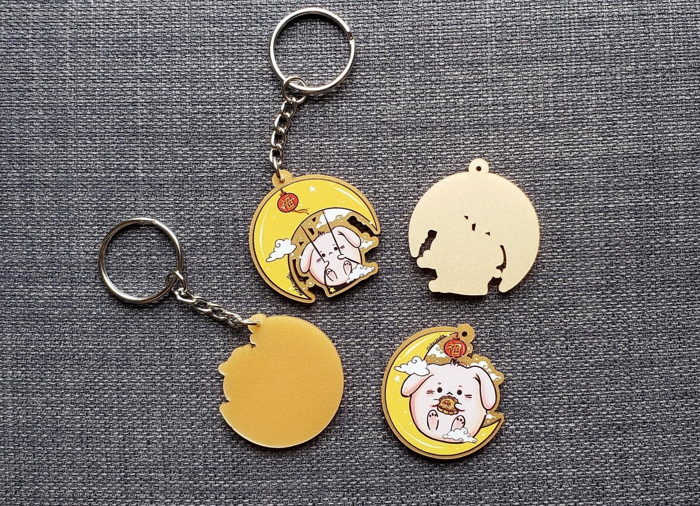 Metallic Gold Bunny Moon Keychain Charms | Mid-Autumn Festival Mooncake