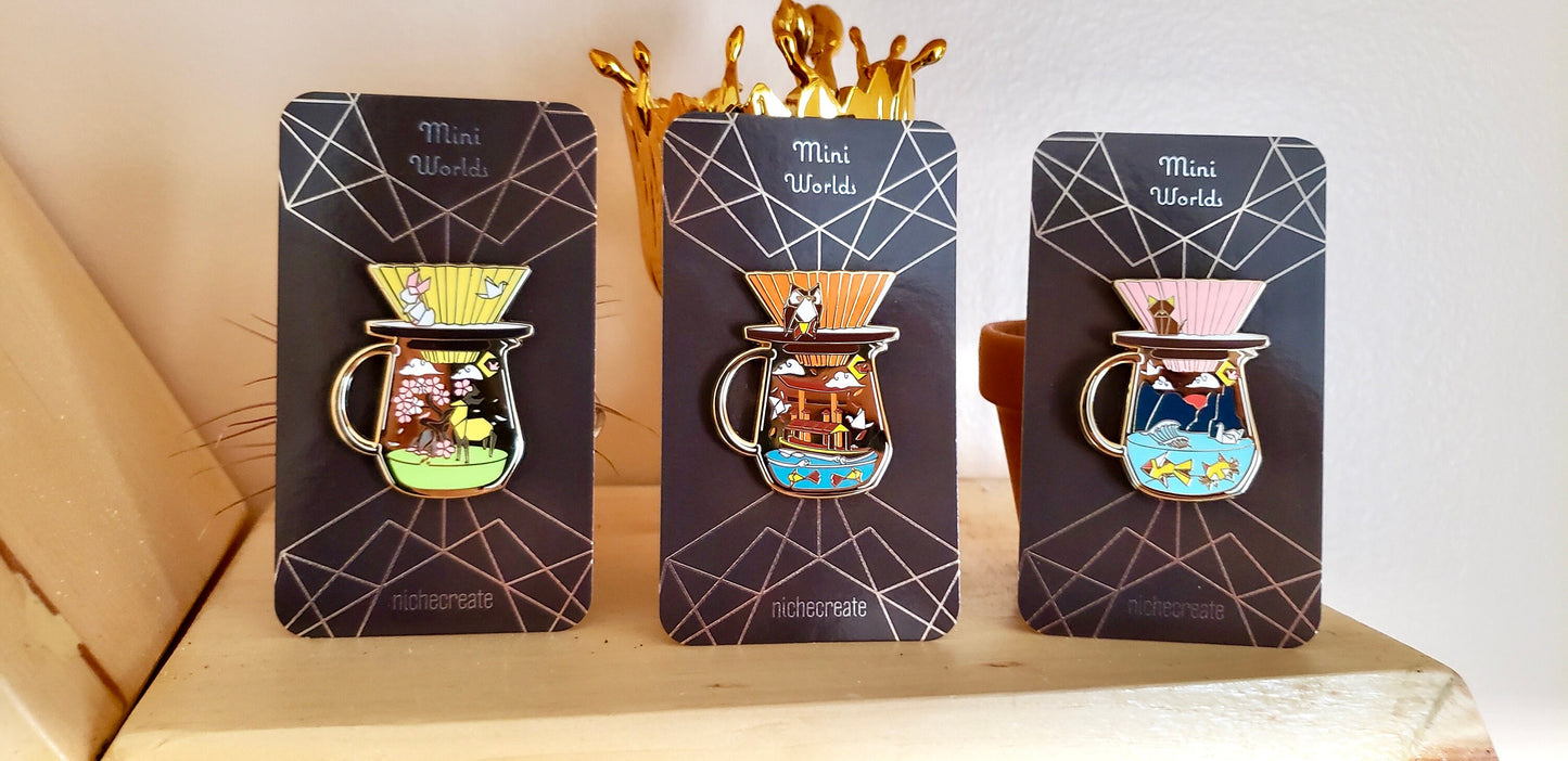 Origami Coffee Gold Hard Enamel Pins (Pink/Yellow/Orange/Blue/Red)