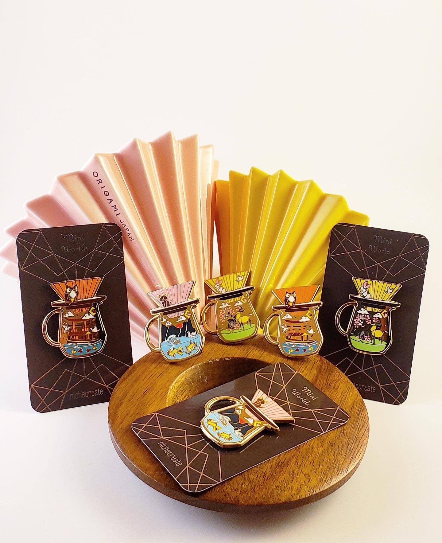Origami Coffee Gold Hard Enamel Pins (Pink/Yellow/Orange/Blue/Red)