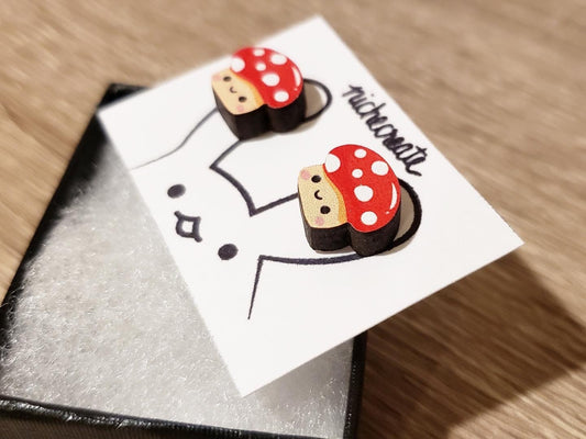 Red Dotted Mushroom Wooden Earring Studs