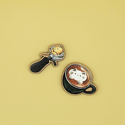 Cat Cafe Coffee Wooden Pins | Sleepy Portafilter, Latte