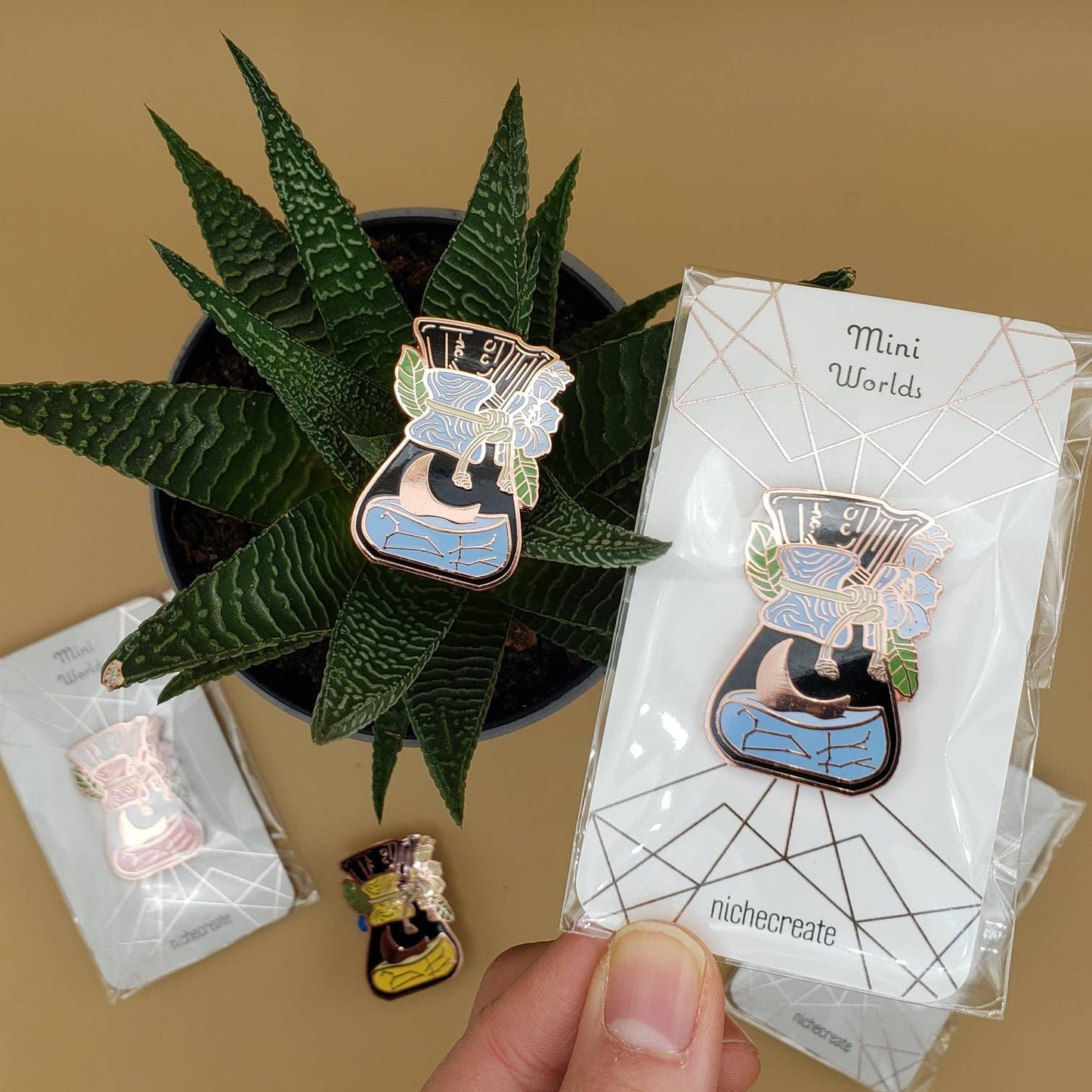 Moonflower Chemex Rose Gold Enamel Pins (Pink, Blue, Yellow)