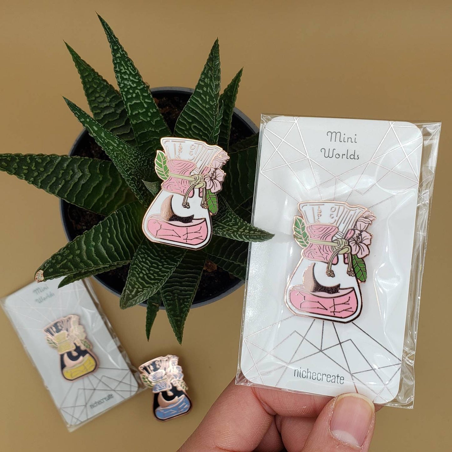 Moonflower Chemex Rose Gold Enamel Pins (Pink, Blue, Yellow)