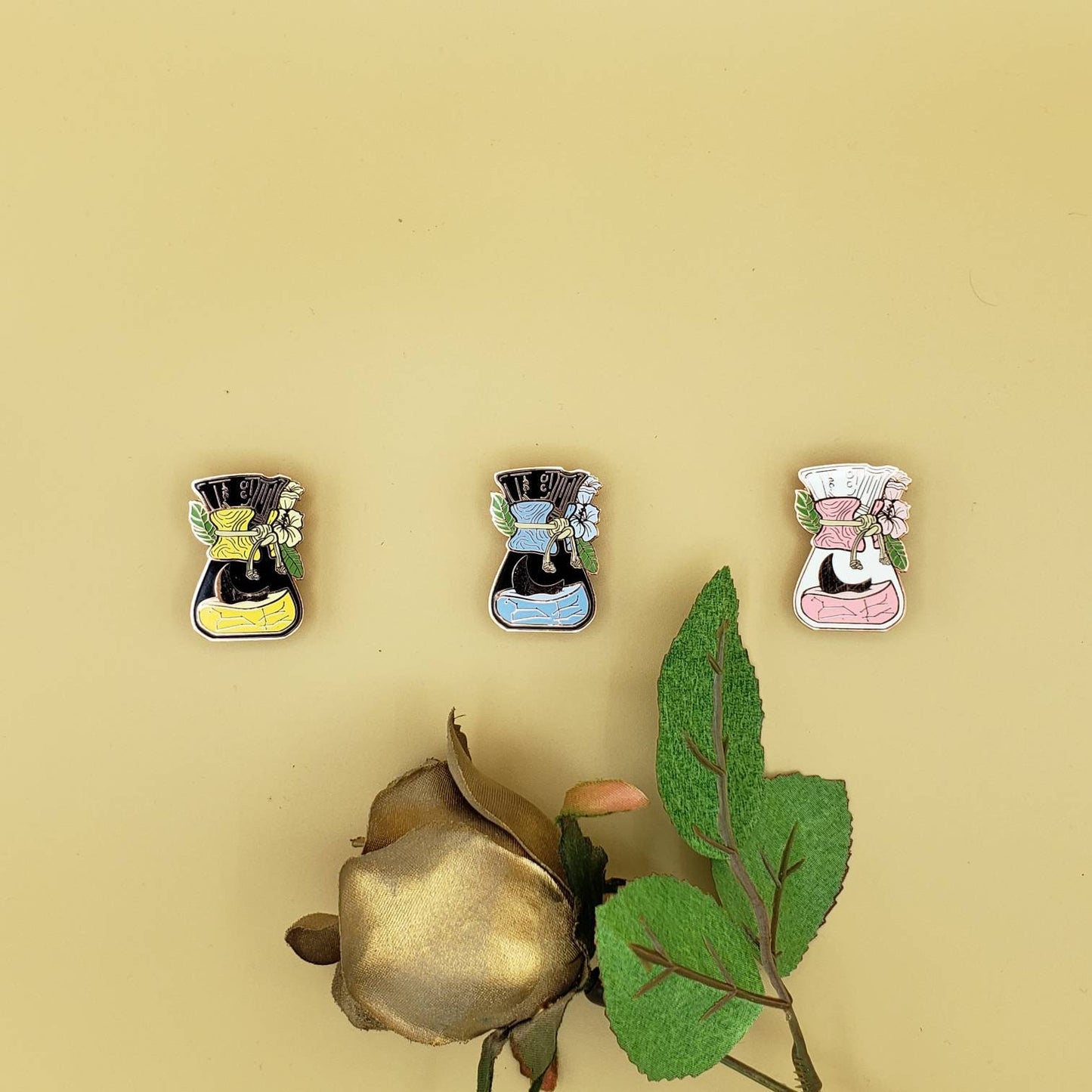 Moonflower Chemex Rose Gold Enamel Pins (Pink, Blue, Yellow)