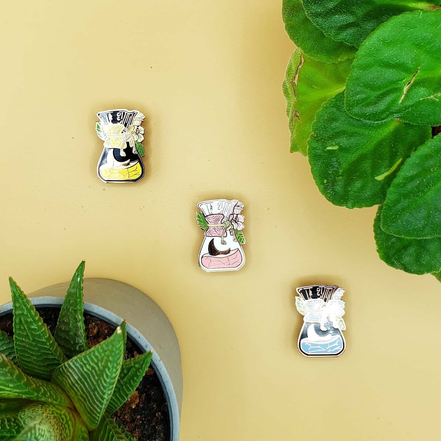 Moonflower Chemex Rose Gold Enamel Pins (Pink, Blue, Yellow)