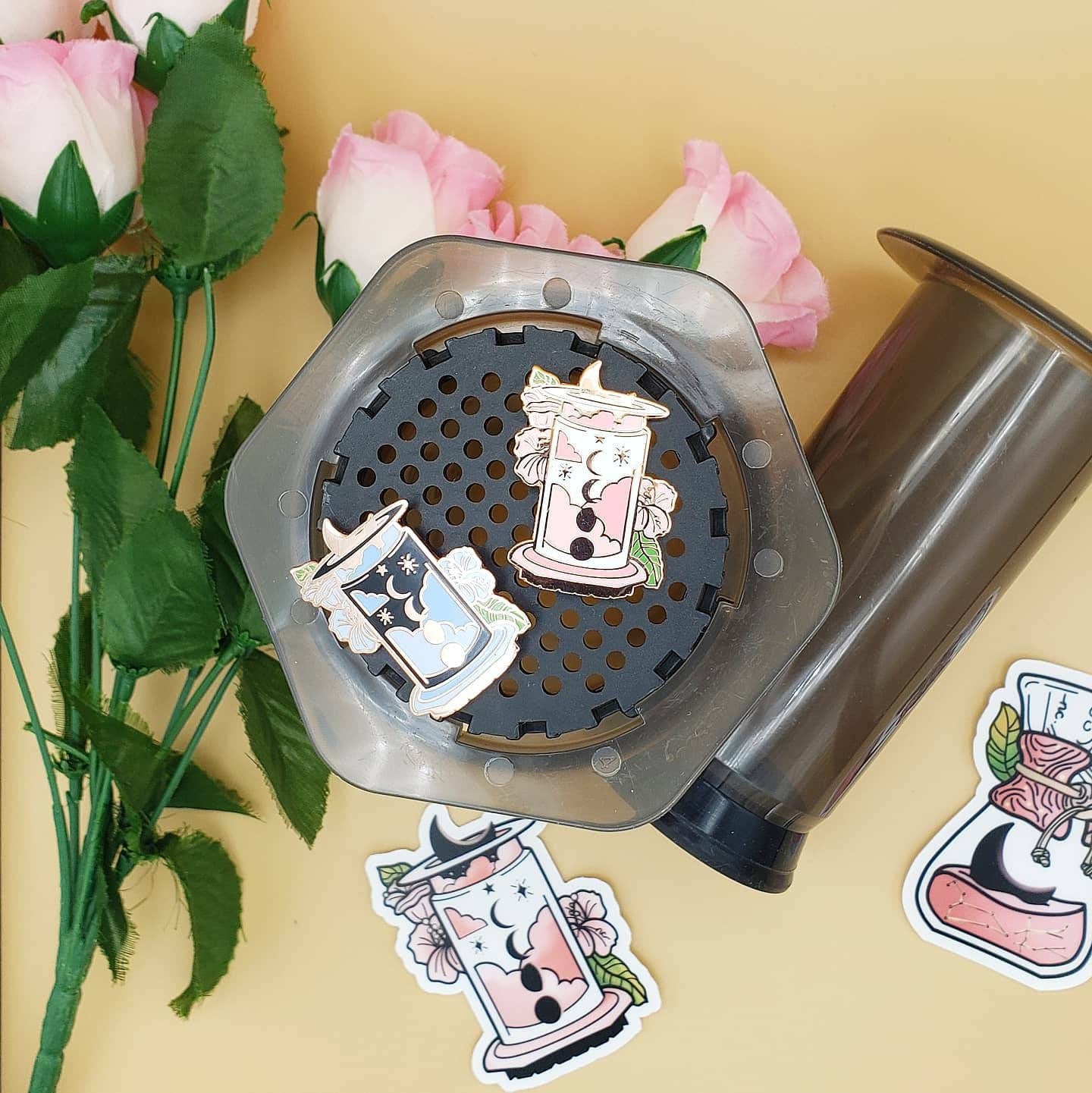 Moonflower Aeropress Rose Gold Enamel Pins (Pink, Blue)