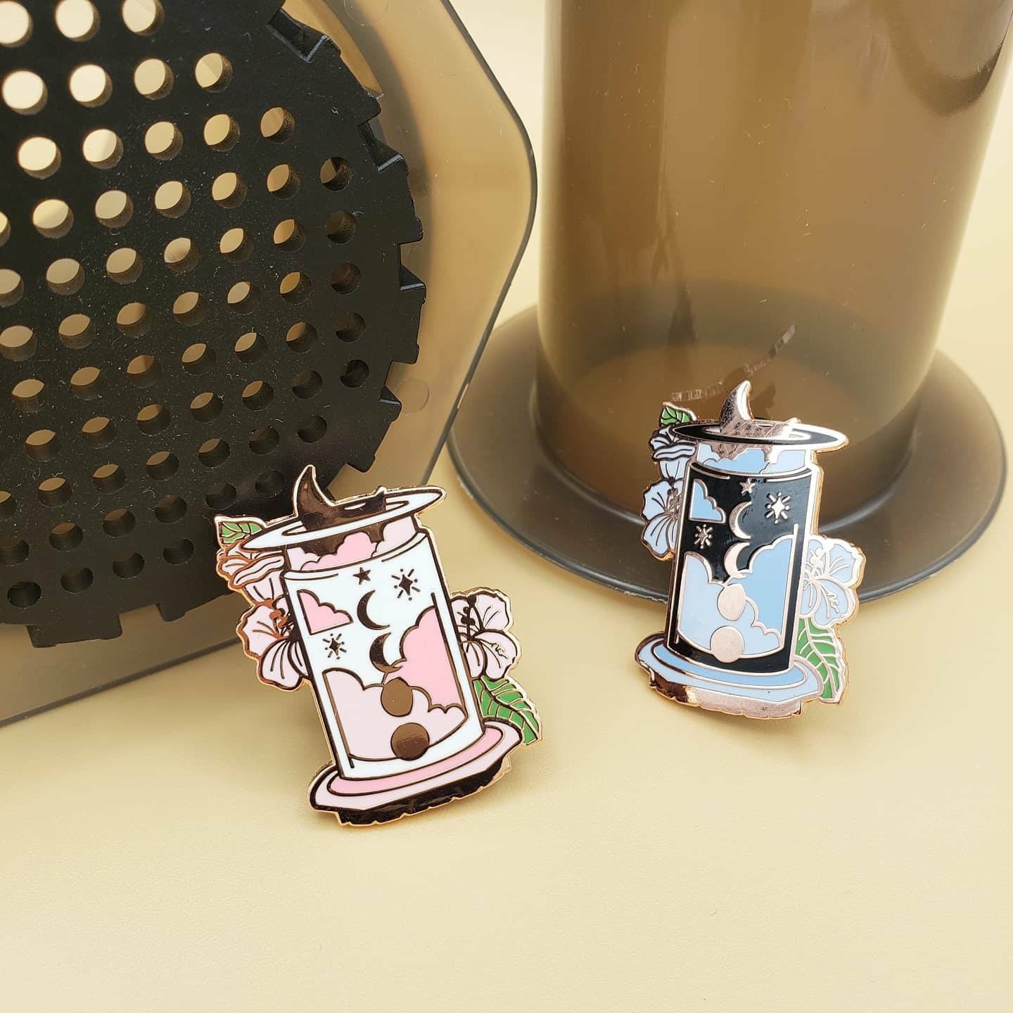 Moonflower Aeropress Rose Gold Enamel Pins (Pink, Blue)