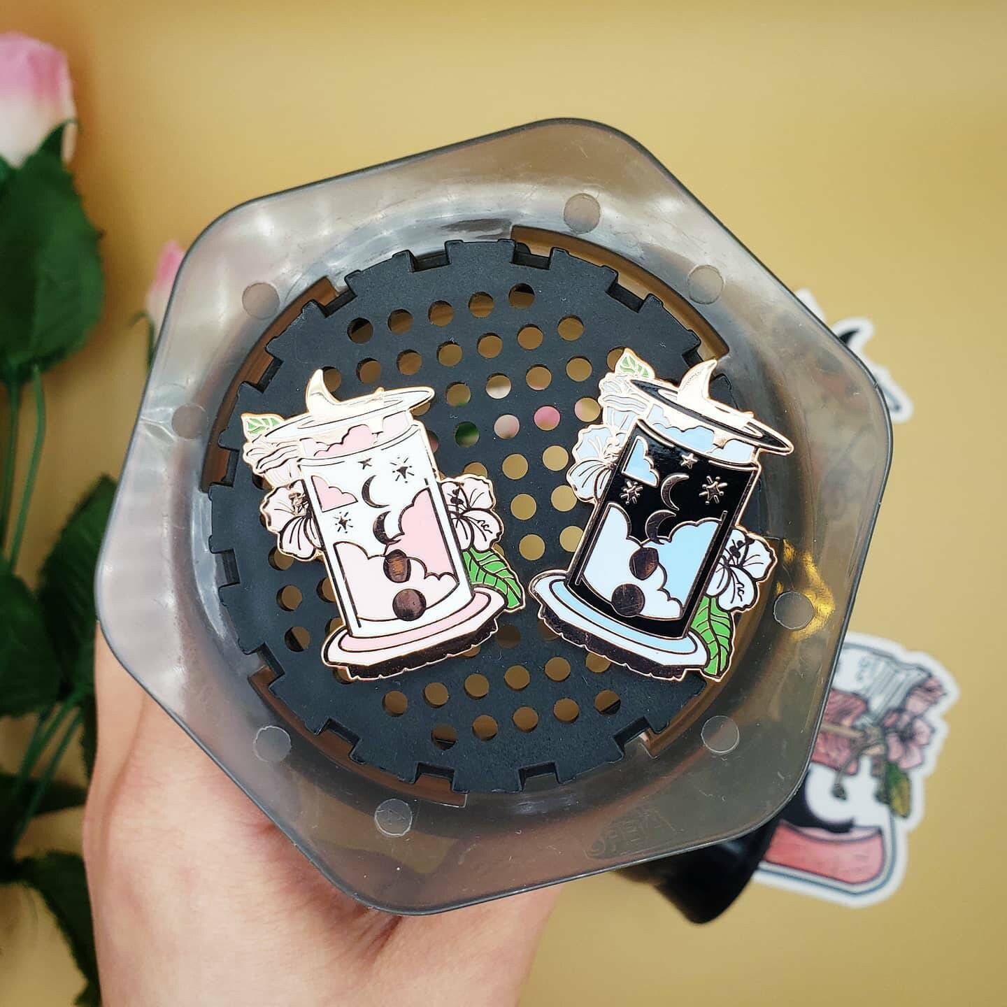 Moonflower Aeropress Rose Gold Enamel Pins (Pink, Blue)