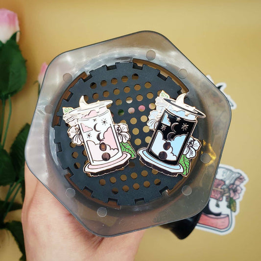 Moonflower Aeropress Rose Gold Enamel Pins (Pink, Blue)