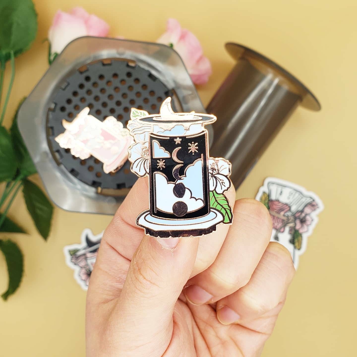 Moonflower Aeropress Rose Gold Enamel Pins (Pink, Blue)