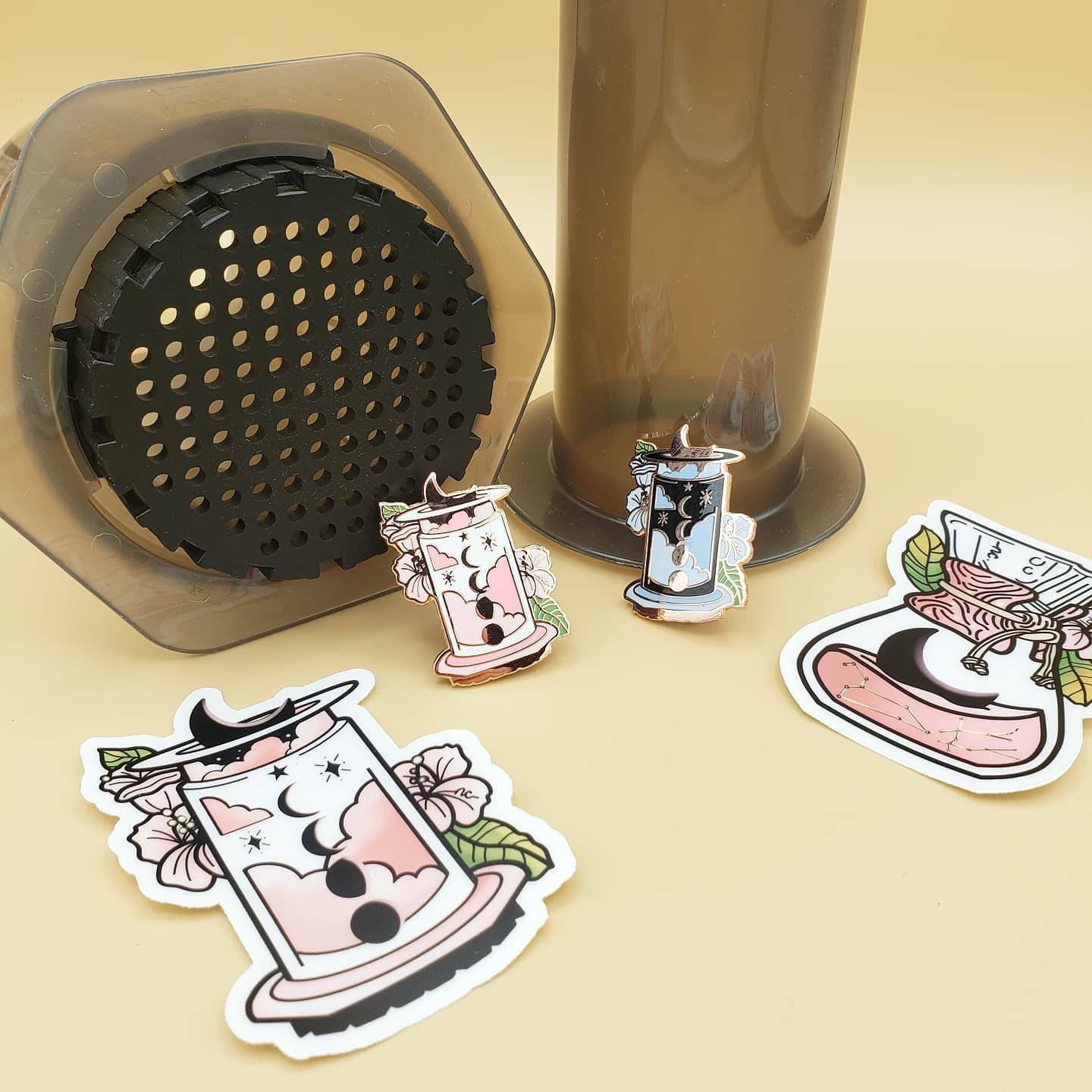 Moonflower Aeropress Rose Gold Enamel Pins (Pink, Blue)