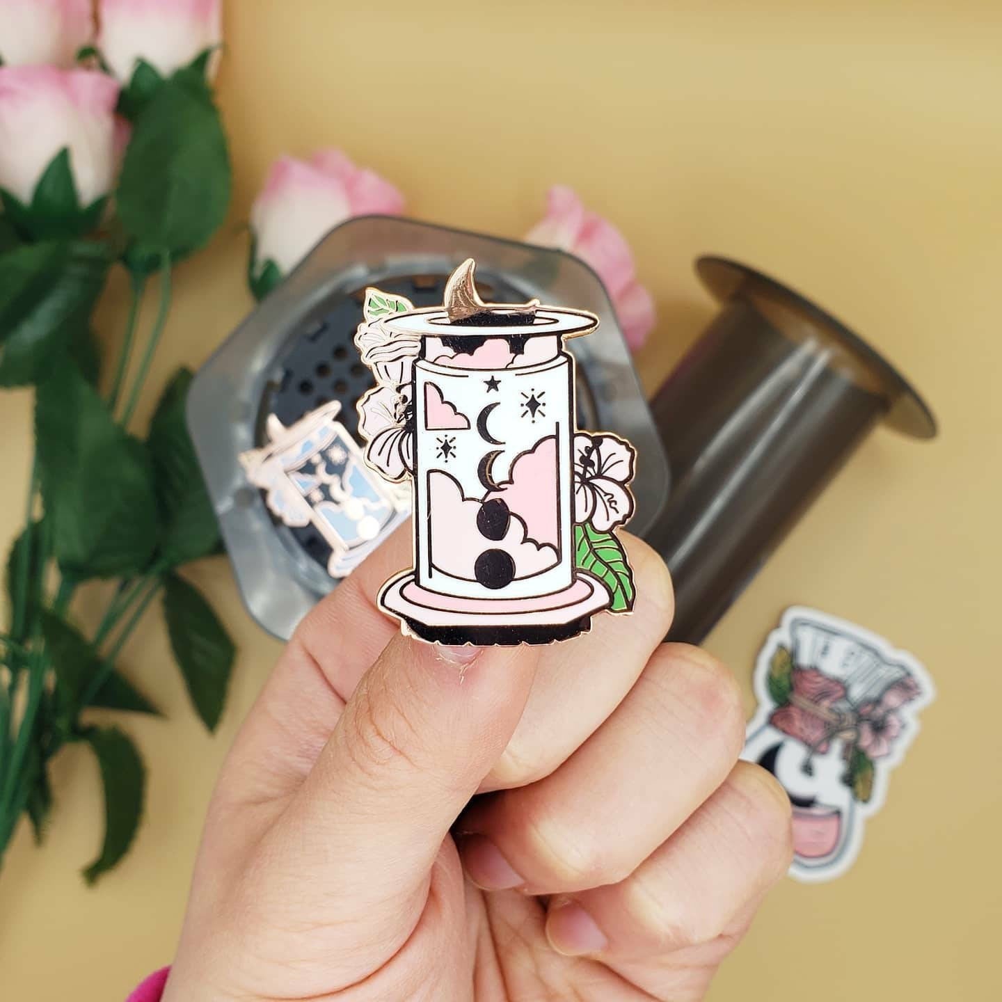 Moonflower Aeropress Rose Gold Enamel Pins (Pink, Blue)