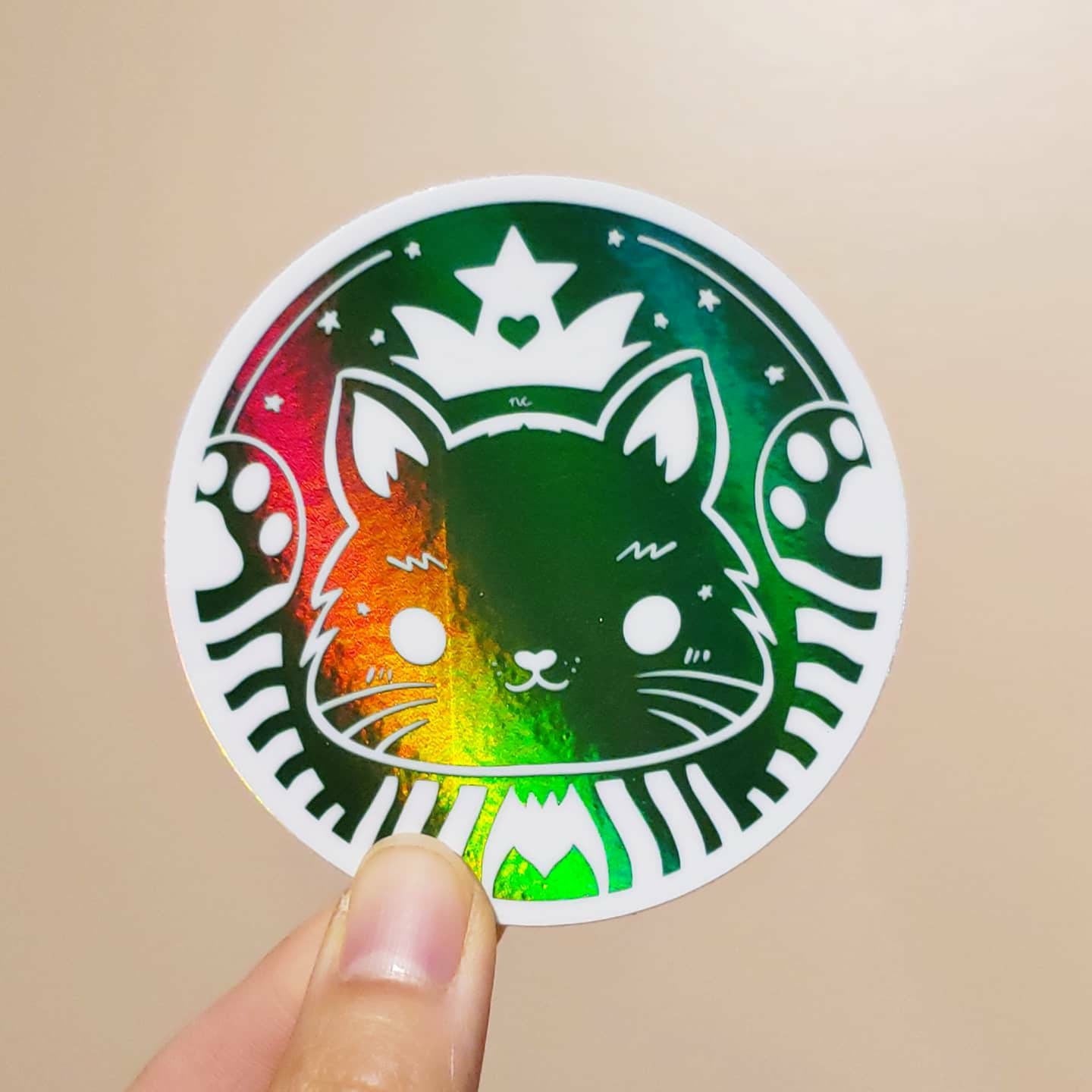 Green Cat Café Holographic Vinyl Sticker/Keychain
