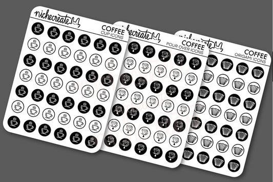Minimalist Coffee Icons Planner Sticker Sheet | French Press, Chemex, Hario V60, Pour Over, Origami Dripper, Coffee Cup, Aeropress Planner Stickers