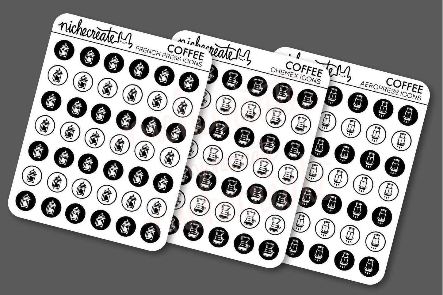 Minimalist Coffee Icons Planner Sticker Sheet | French Press, Chemex, Hario V60, Pour Over, Origami Dripper, Coffee Cup, Aeropress Planner Stickers