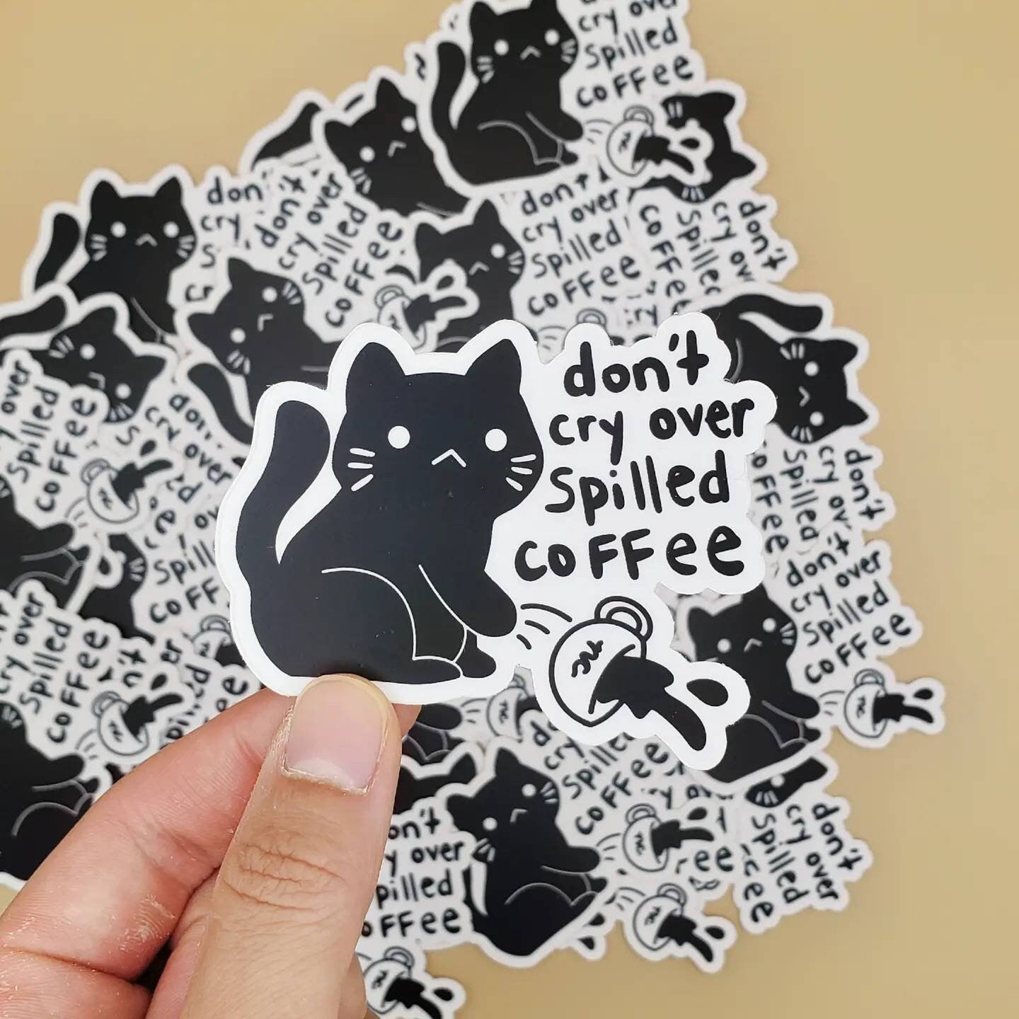 Black Cat Coffee Vinyl Stickers and Keychains | Don't Cry Over Spilled Coffee