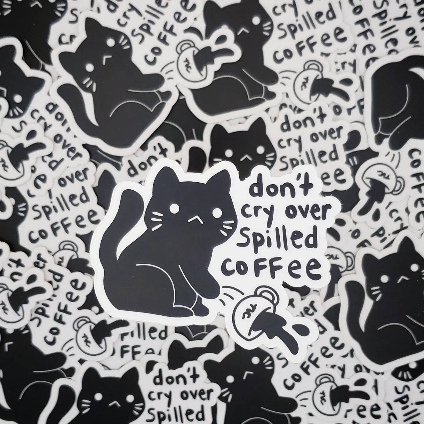 Black Cat Coffee Vinyl Stickers and Keychains | Don't Cry Over Spilled Coffee