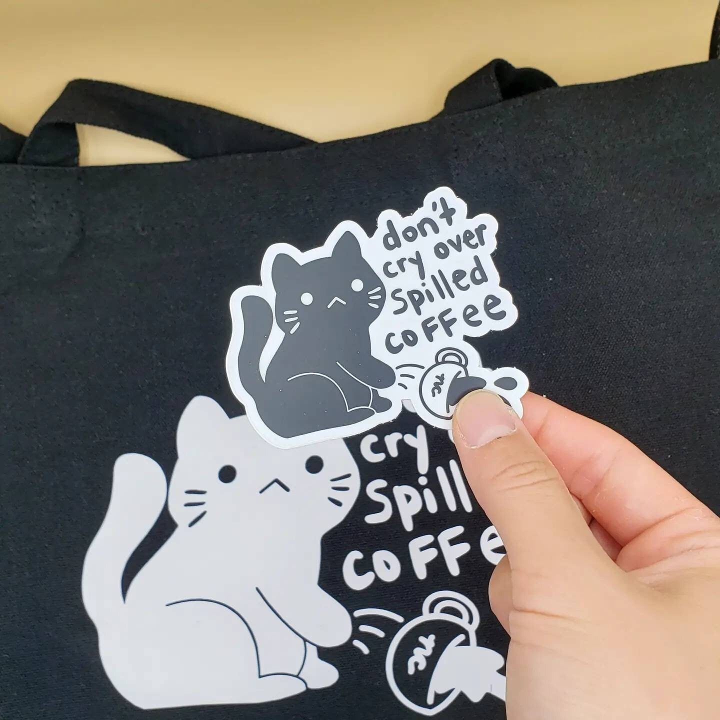 Black Cat Coffee Vinyl Stickers and Keychains | Don't Cry Over Spilled Coffee