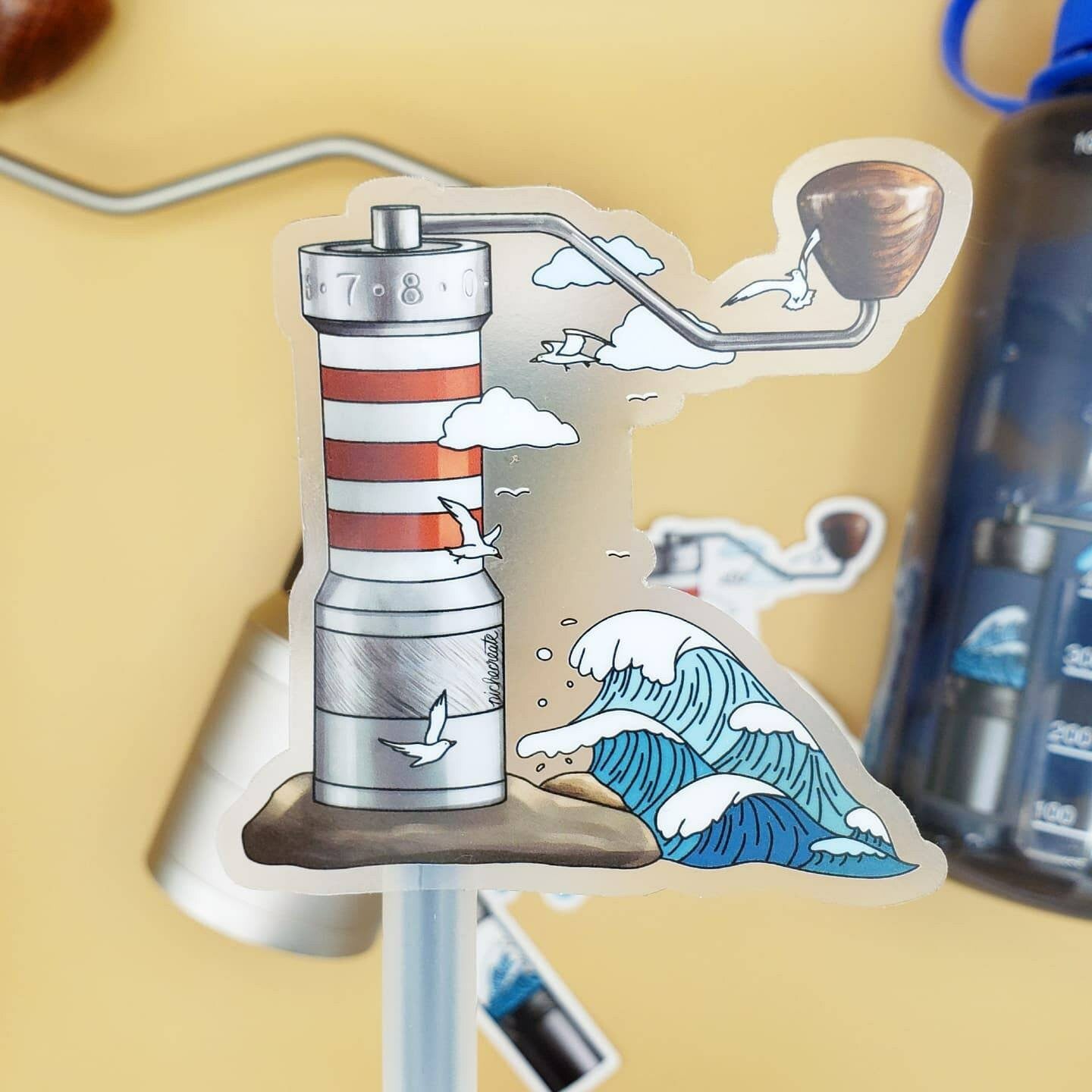 Coffee Grinder Lighthouse and Waves Vinyl Sticker and Keychains (Transparent)
