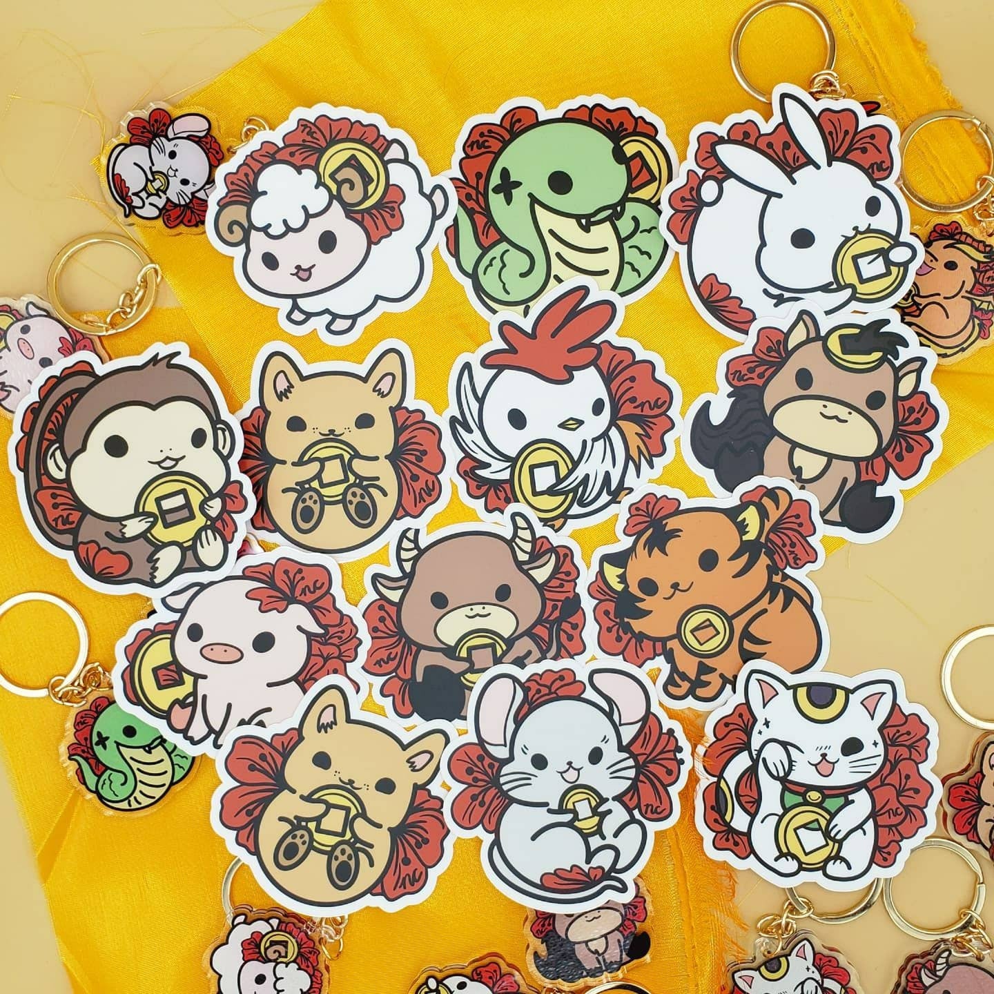 Lucky Plum Blossom Zodiac Animals Hard Enamel Pins, Keychains, Vinyl Stickers