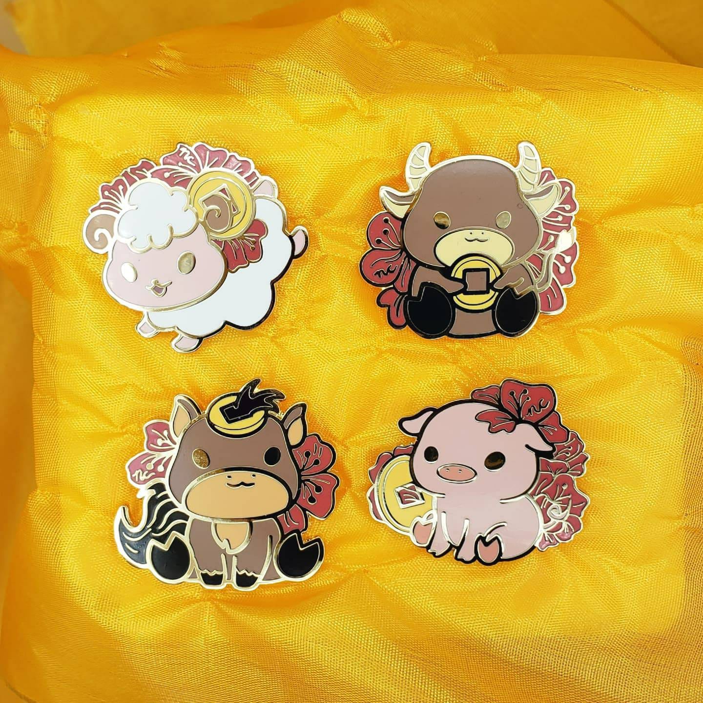 Lucky Plum Blossom Zodiac Animals Hard Enamel Pins, Keychains, Vinyl Stickers