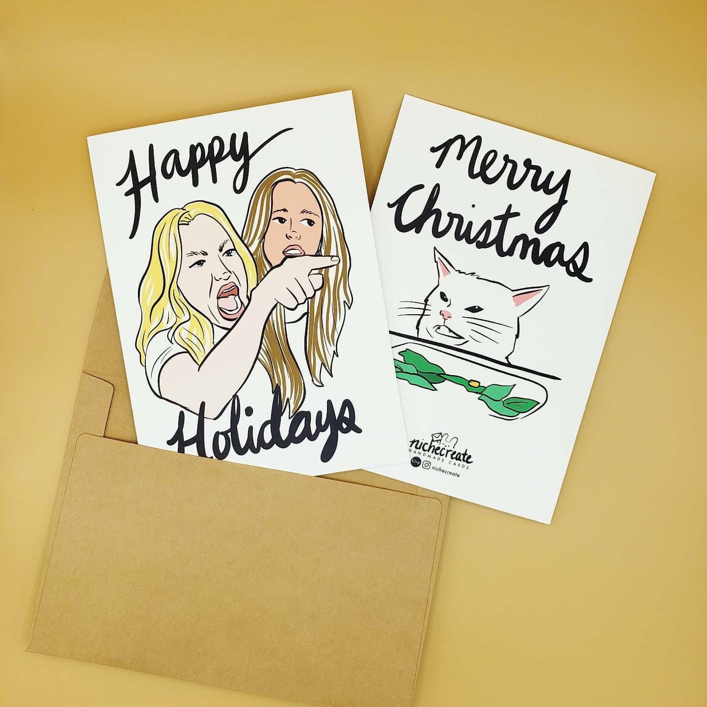 Woman Shouting at Cat Christmas Card