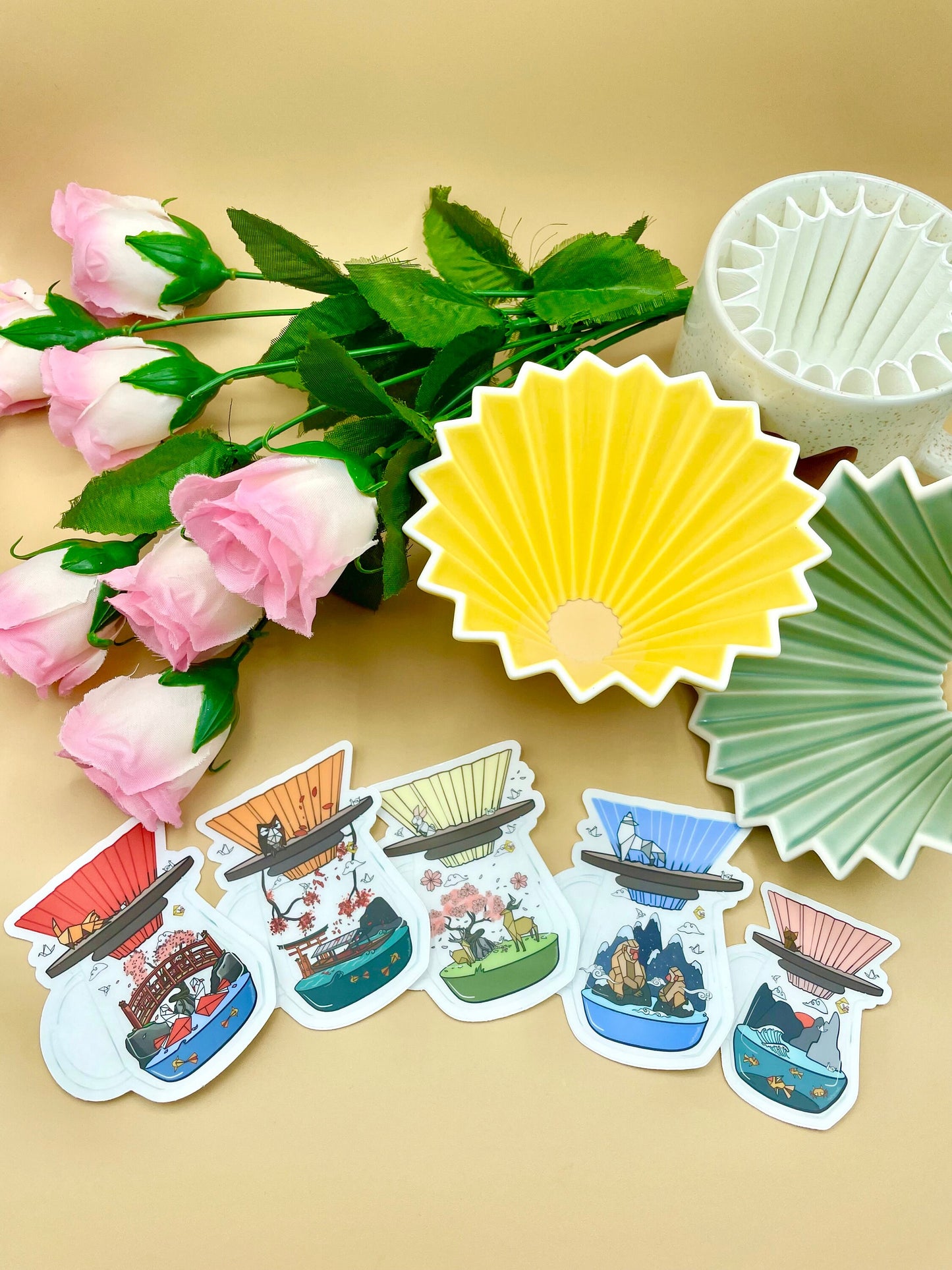 Origami Coffee Vinyl Stickers (Transparent) | Red/Pink/Yellow/Orange/Blue