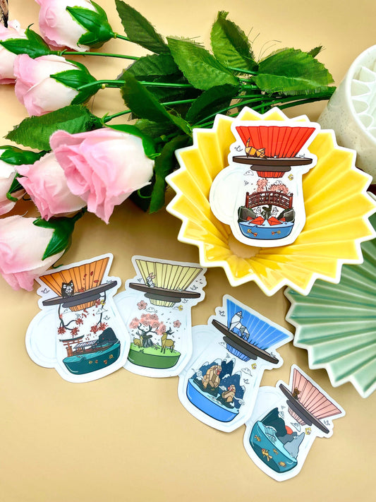 Origami Coffee Vinyl Stickers (Transparent) | Red/Pink/Yellow/Orange/Blue