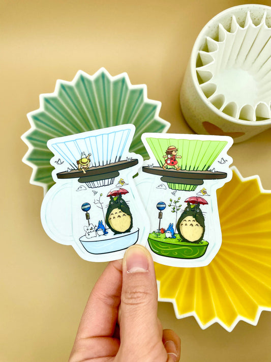 Spirit Café Origami Coffee Vinyl Stickers (Transparent) - Green and White, Spring and Winter